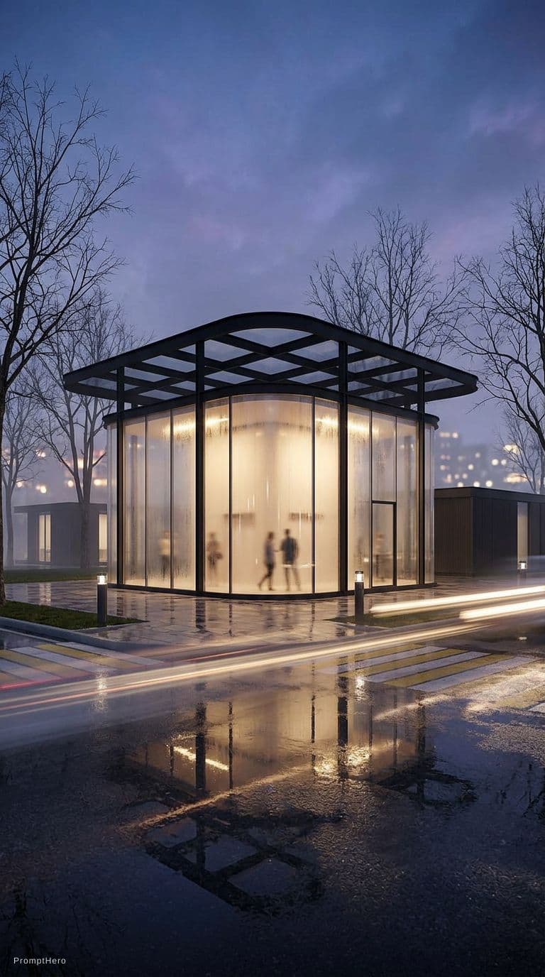 AI generated: modern minimalist architecture, contemporary pavilion design, symmetrical curved structure, panorami...