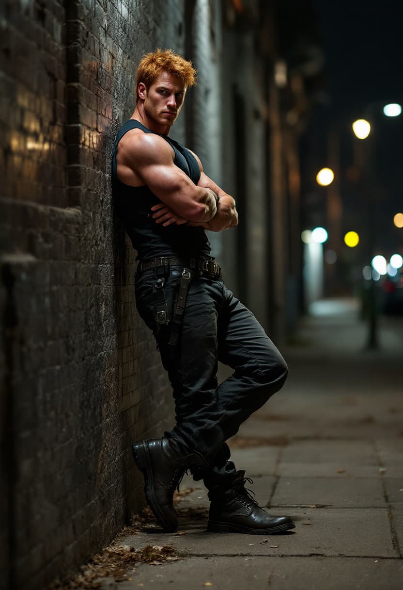 AI generated: high-resolution full body photo muscular man, show boots, reddish blonde hair,  wearing daisy dukes,...
