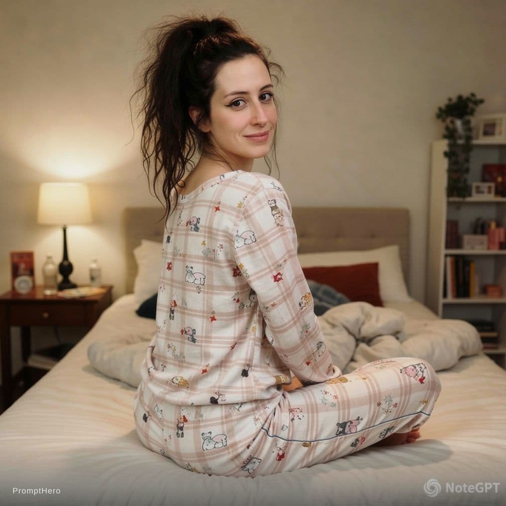 AI generated: the girl from the photo is bent over on the bed, lifting her butt into the air, she is wearing tight...