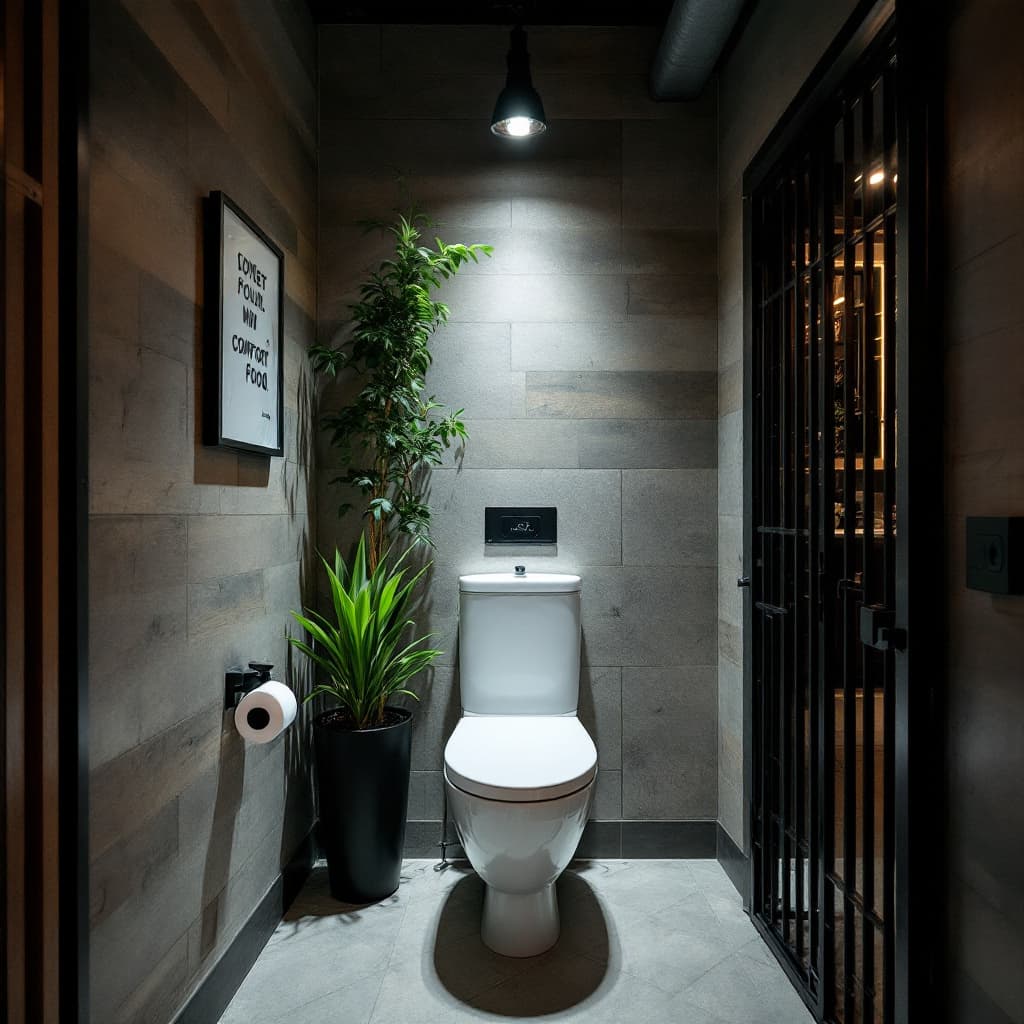 AI generated: A small WC with artificial light in a restaurant in New York that serves comfort food. The restauran...