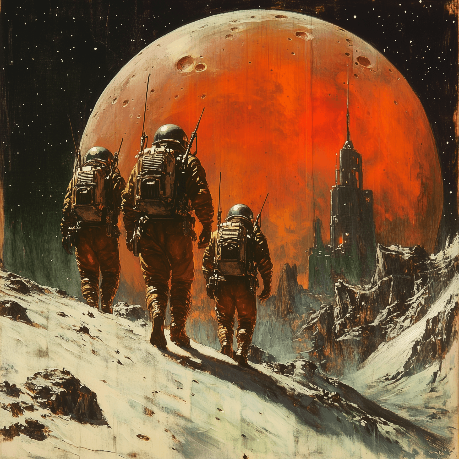 AI generated: The people of the moon, space suits and helmets, go to work on an alien planet in style retro scifi ...