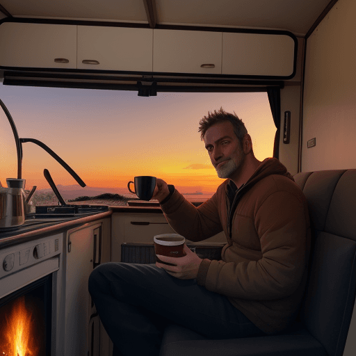 AI generated:  man sitting in front of a caravan, open fire, cokking coffee, sunset in background