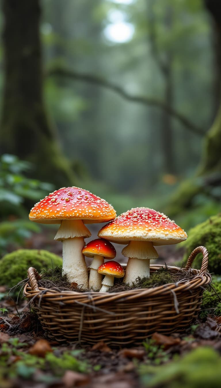 AI generated: Ultra-realistic photo. The photo shows a forest and on the ground a close-up of two baskets with bea...