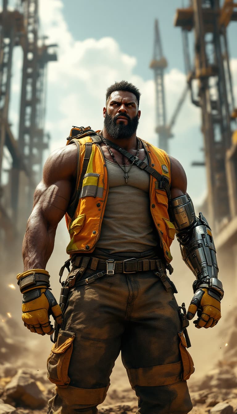 AI generated: A photorealistic candid shot of a towering, muscular man with dark skin, a thick stubble, and an int...