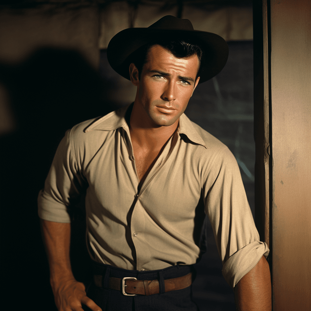 AI generated:  hollywood, mustache, black wavy hair, muscular, standing, wearing a stetson, perfect eyes, revealin...