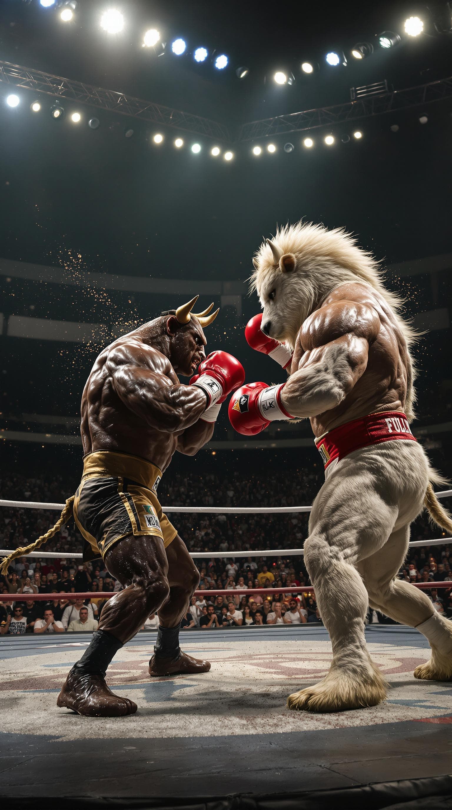 AI generated: A hyper-realistic image of a boxing match between a muscular bull and a powerful stallion, represent...