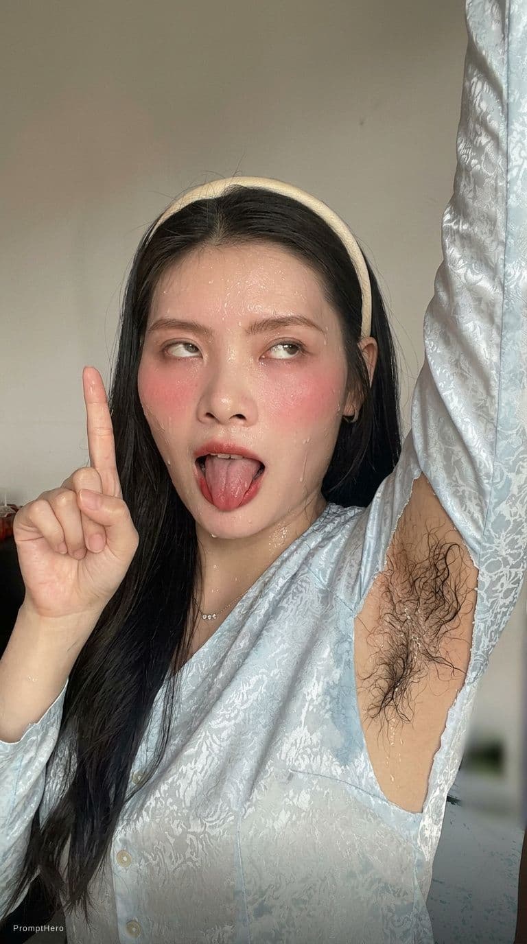AI generated: Aheago face Nữ ướt đẫm mồ  hôi giơ 1 lên ,lông nách rậm mồ hôi 