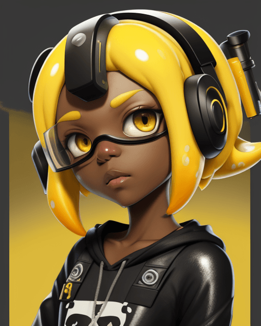 AI generated: splatoon, inkling, short hair, dark skin, yellow hair, mindless, drone, visor, hypnosis