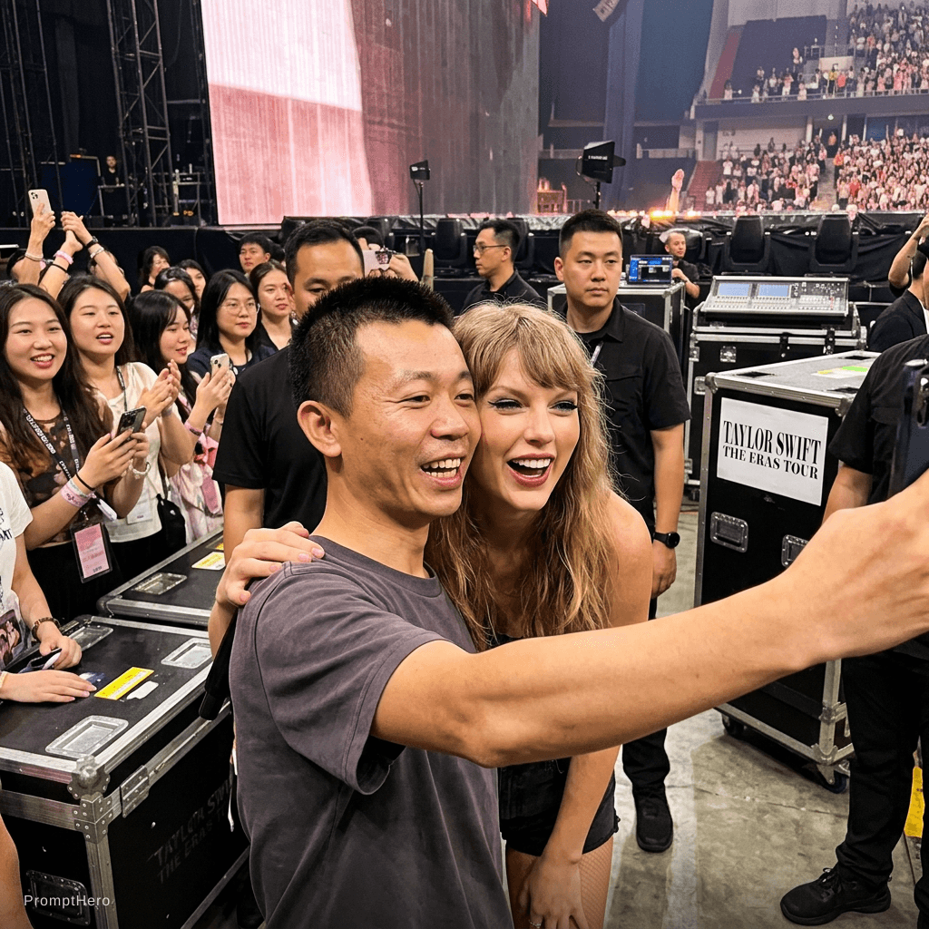 AI generated: with Taylor Swift backstage at a concert, excited fans vibe