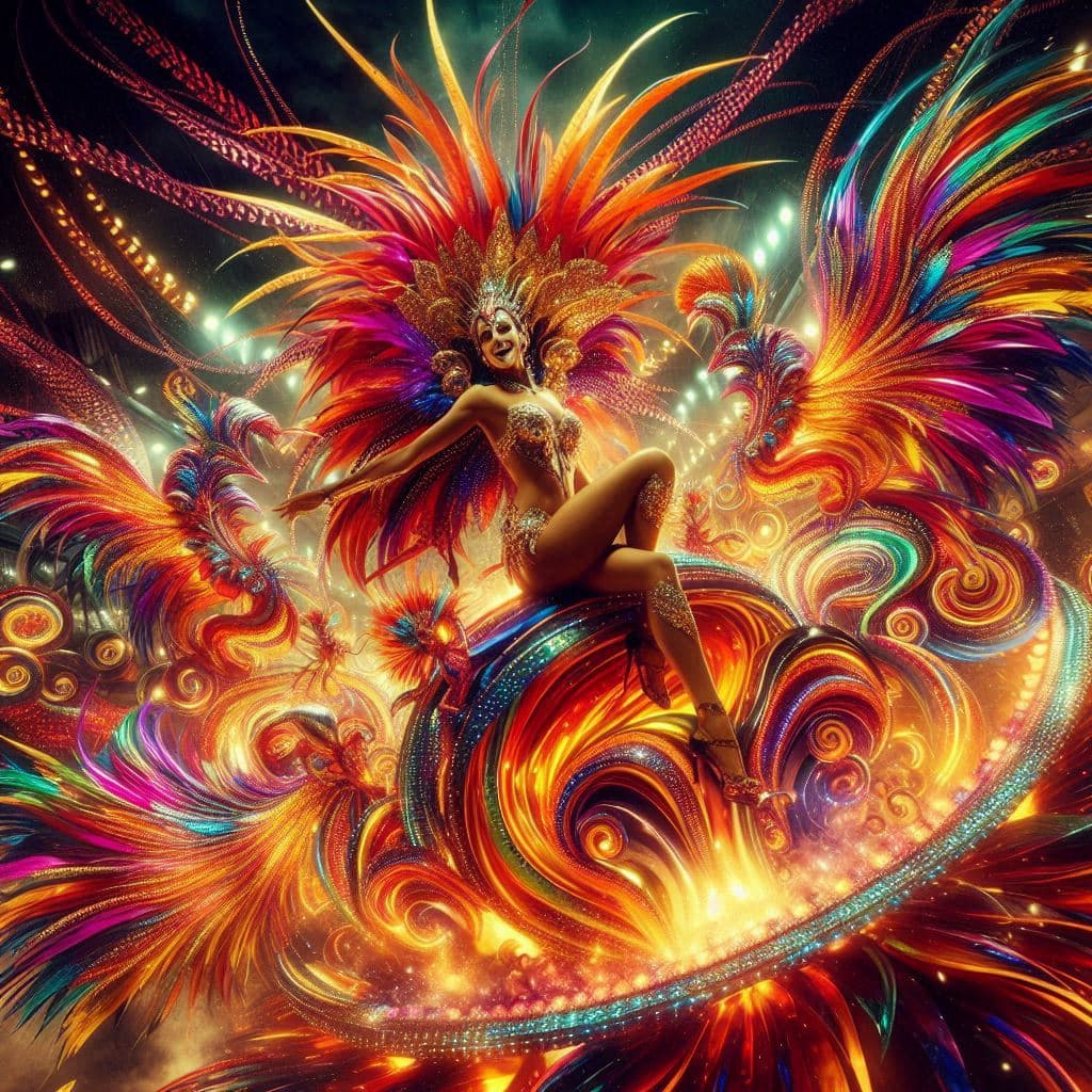 AI generated: A radiant figure, adorned in vibrant feathers and sequins, perches atop a kinetic, exuberant float t...