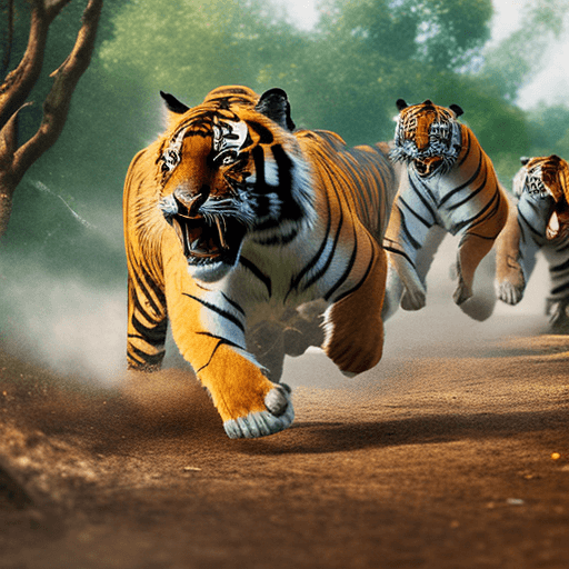 AI generated: A real photographic of a tiger running to a group of goblins