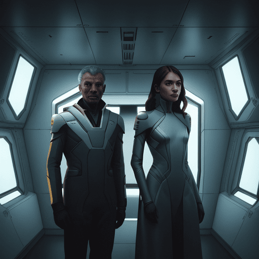 AI generated: shadows of a man and a woman standing opposite each other inside a spaceship. They are shooting arro...