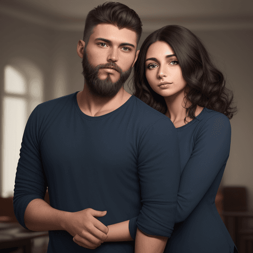 AI generated: portrait, a man with short hair, dark, short beard, friendly in a blue long-sleeved shirt, with a wo...