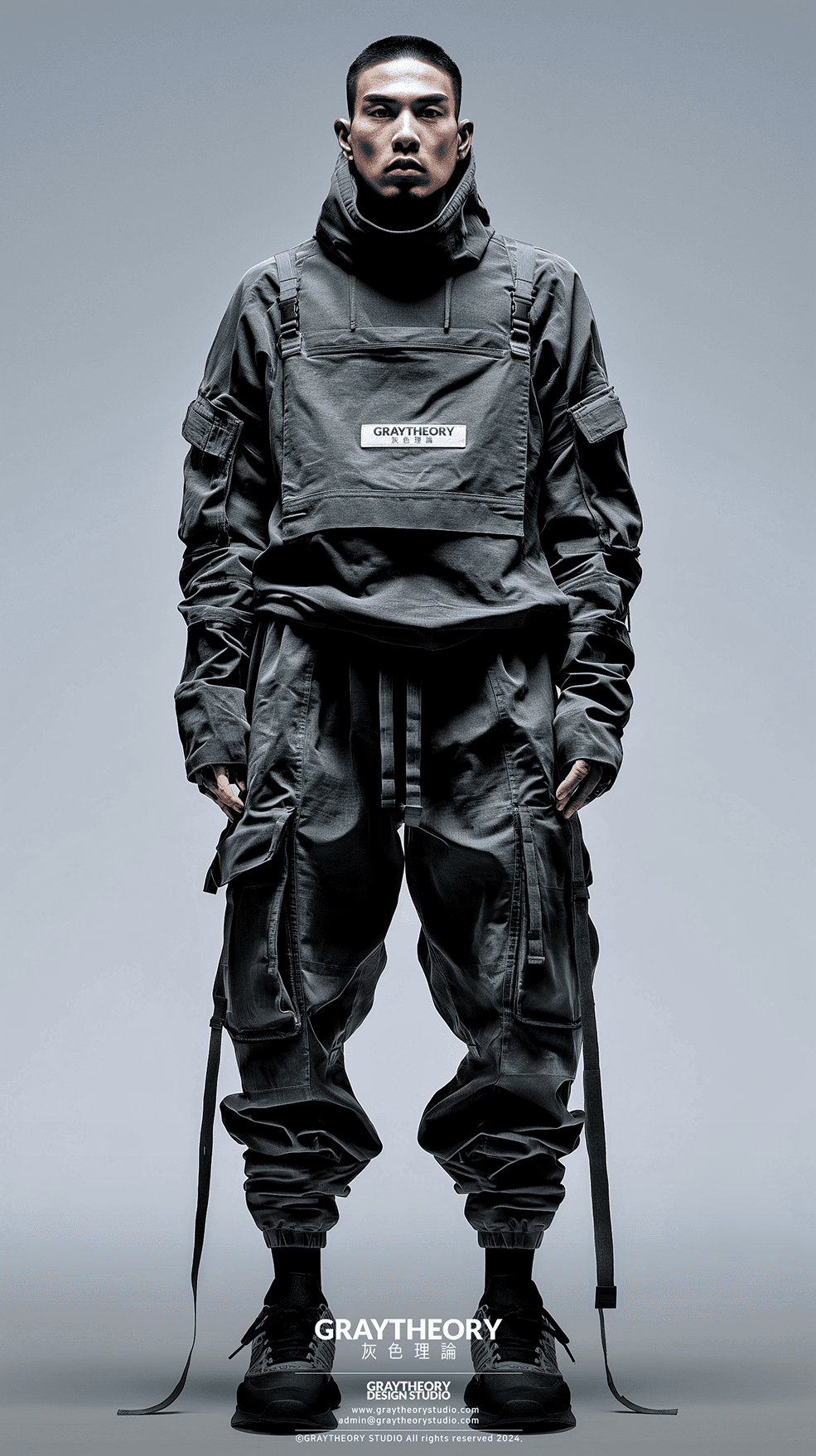 AI generated: Photograph, urban millitary, technical materials, fabric small point label on text 'Graytheory', sma...