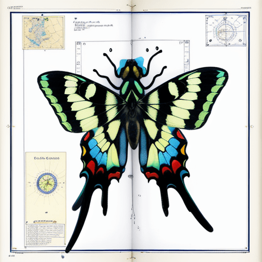AI generated: a large Papilio machaon, looking at a nautical chart, white background.