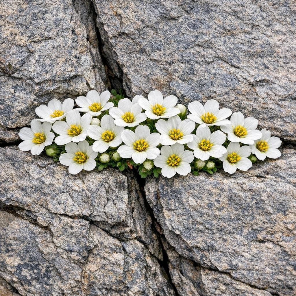 AI generated: Create a that comes in white, blue, yellow or pink flower that grows out of cracks in rocks but bloo...