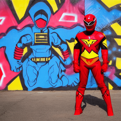 AI generated: a black man in a red and yellow superhero suit, wearing a red power ranger helmet holding spraycans ...