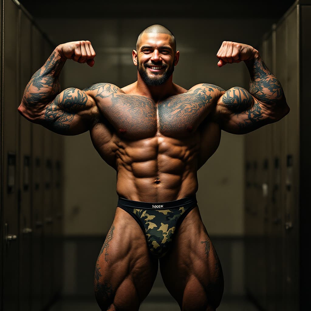 AI generated: Front lit, Full body image, young tall army muscle, heavily tattooed, slim face, chiseled jawline, s...