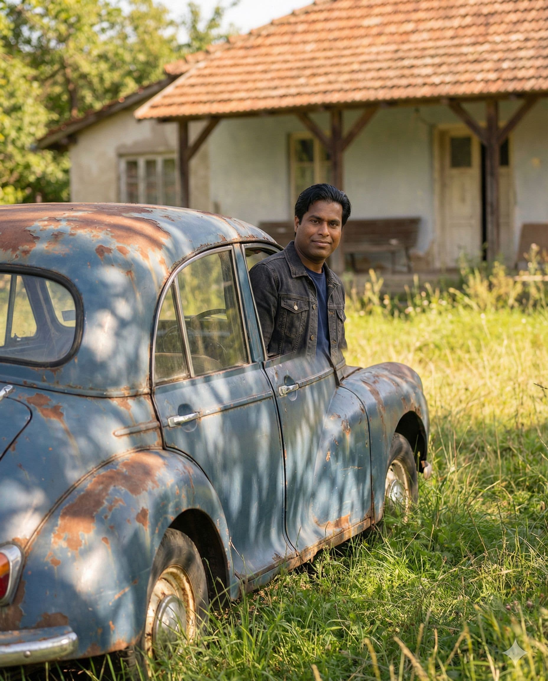 AI generated: A vintage, rusted blue car, positioned prominently in an overgrown grassy area, evokes a sense of no...