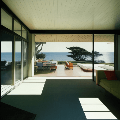 AI generated: Hyper realistic eye level exterior photo of a mid century modern style house overlooking the ocean, ...