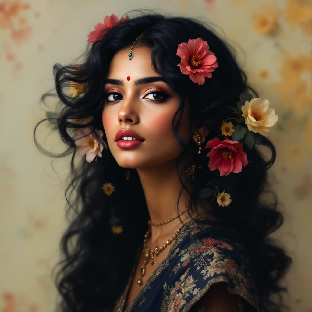 AI generated: prompt:
a bengali woman with black hair and flowers in her hair, black haired goddess, beautiful fan...