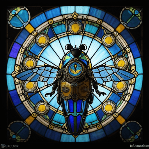 AI generated: A vivid blue "stained glass" octane dream detailed 3D render of a cartoonish Walt Disney styled 1930...