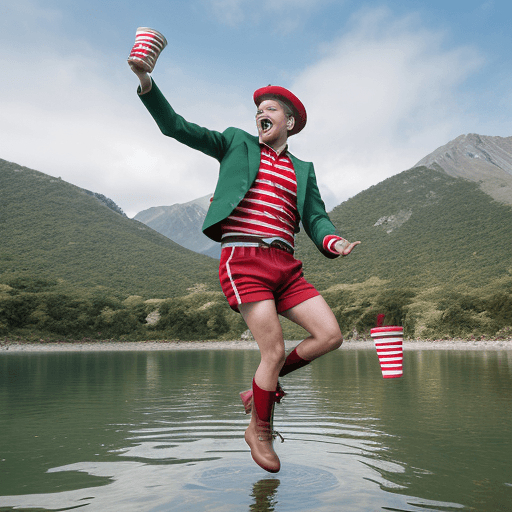 AI generated: drunk four legged Juggler without beard in shorts and jacket with dark green and scarlet red stripes...