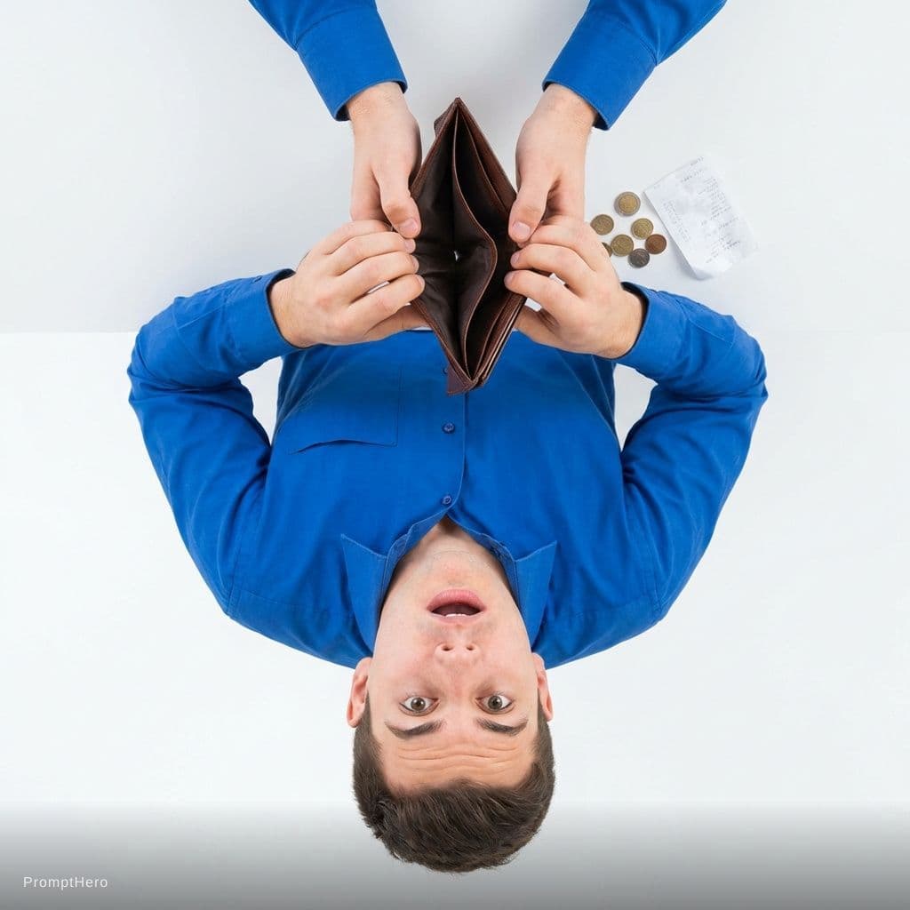 AI generated: A young stressed man holding an empty open wallet, looking shocked, bright white studio background, ...