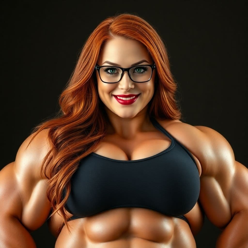 AI generated: a beautiful mega muscular 30 year old giant woman, beautiful long red hair, pure delicate female ski...