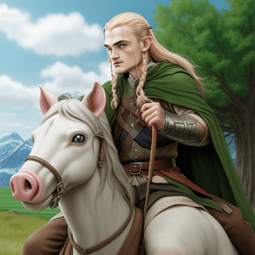 AI generated: photorealistic photo legolas from the lord of the rings riding on the back of Gimli LOTR piggyback r...