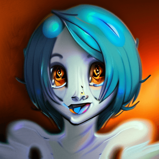 AI generated: nsfw, art, furry, anthro wolf, orange eyes, smiling face, blue hair, naked, big breasts, nipples