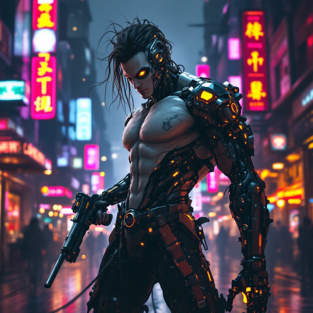 AI generated: photo of a male halforc with cybernatic limbs, holdig a mashinegun, cyberpunk city streets at night ...
