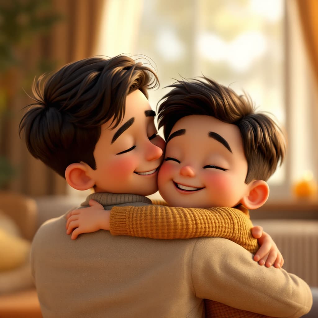 AI generated: 3D image of cute boy hugging his father in Pixar style --ar 1:2 --stylize 750