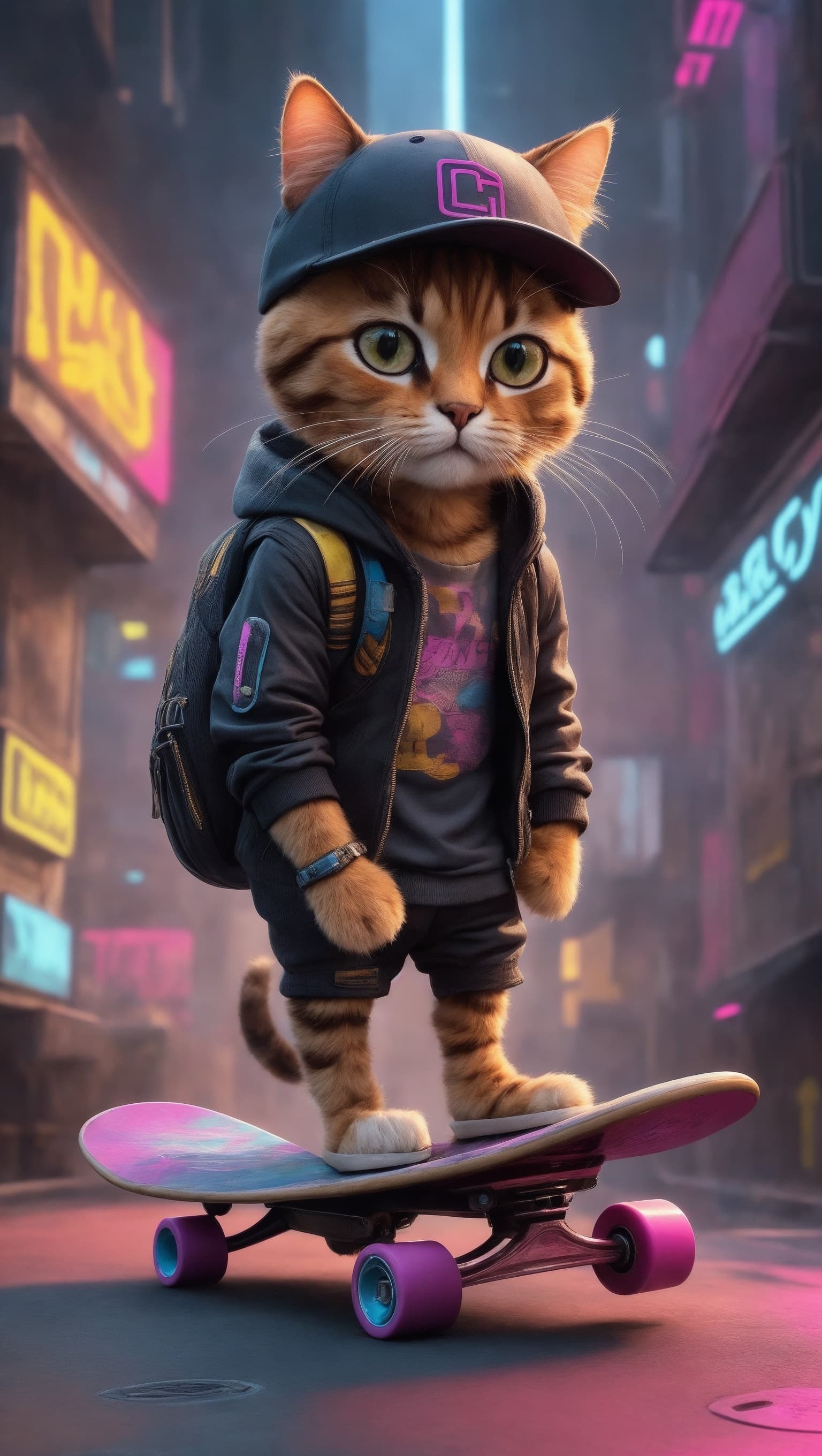 AI generated: Create a cyberpunk masterpiece: Picture a cat, cool and confident on a skateboard, adorned with a ba...