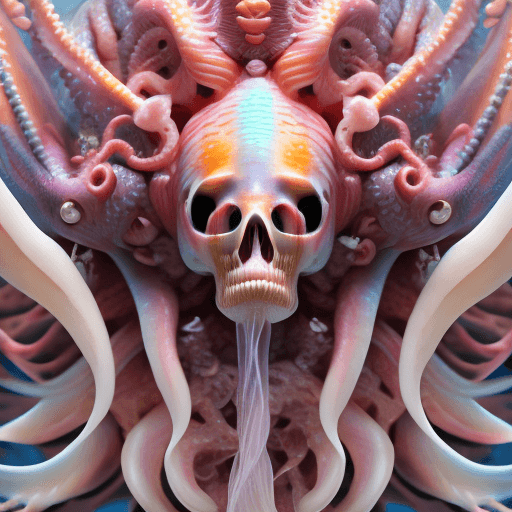 AI generated: Goddess close-up portrait ribcagel. jellyfish phoenix head, nautilus, orchid, skull, betta fish, bio...