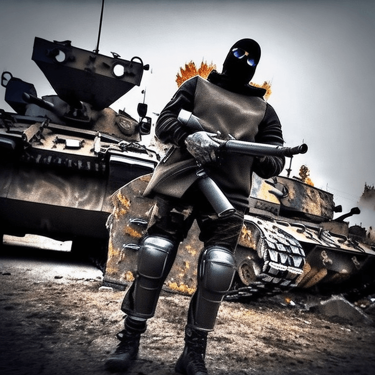 AI generated: Photo of rick Genest as a Ukrainian AZOV  Cyborg warlord, defending a street in Ukraine from Russian...