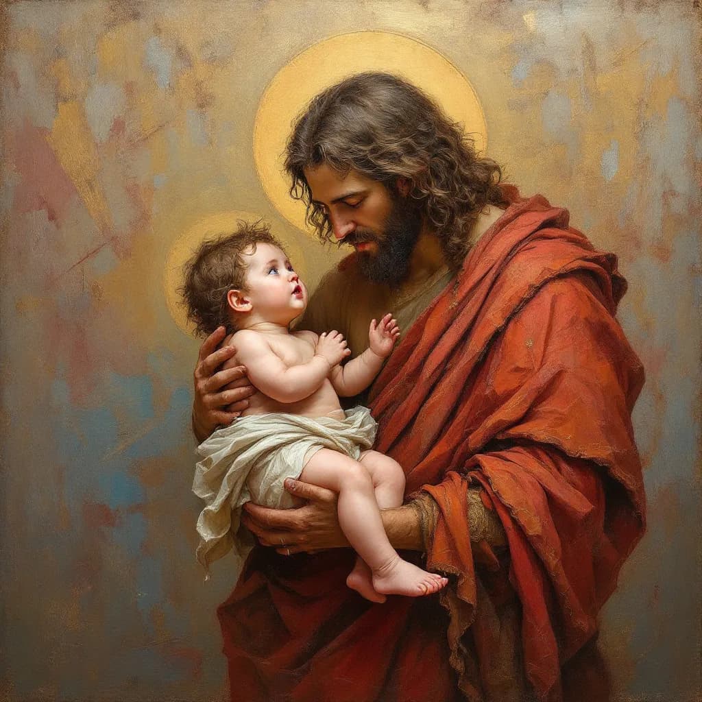 AI generated: artistic oil painting art, flat, baby jesus in the old testament, inspired by famous art painting of...