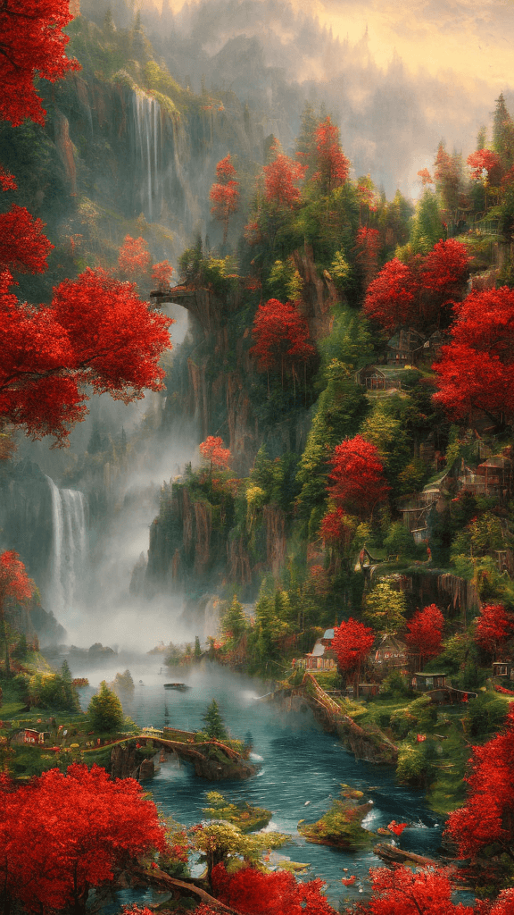 AI generated: summer landscape, red color, Bokeh, the waterfall, fog over the lake, insanely detailed and intricat...