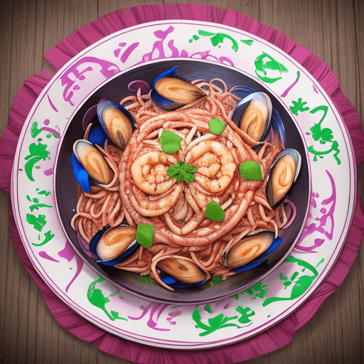AI generated: A seafood magenta spaghetti masterpiece. The spaghetti is a vivid magenta color, elegantly plated on...