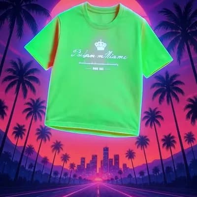AI generated video: brand t-shirt "PAY ME" design attached in moisture, flying on the road ahead, against the backdrop o...