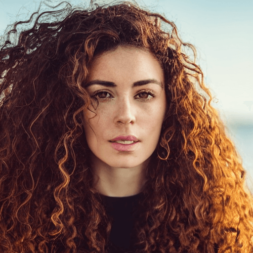 AI generated: Portrait photo of an open and proud looking, beautiful model-like Galician woman with long curly bro...