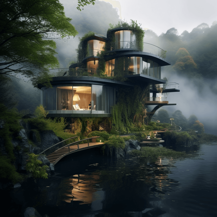 AI generated: the house sitting on the river and surrounded by greenery and trees, in the style of futurist elemen...