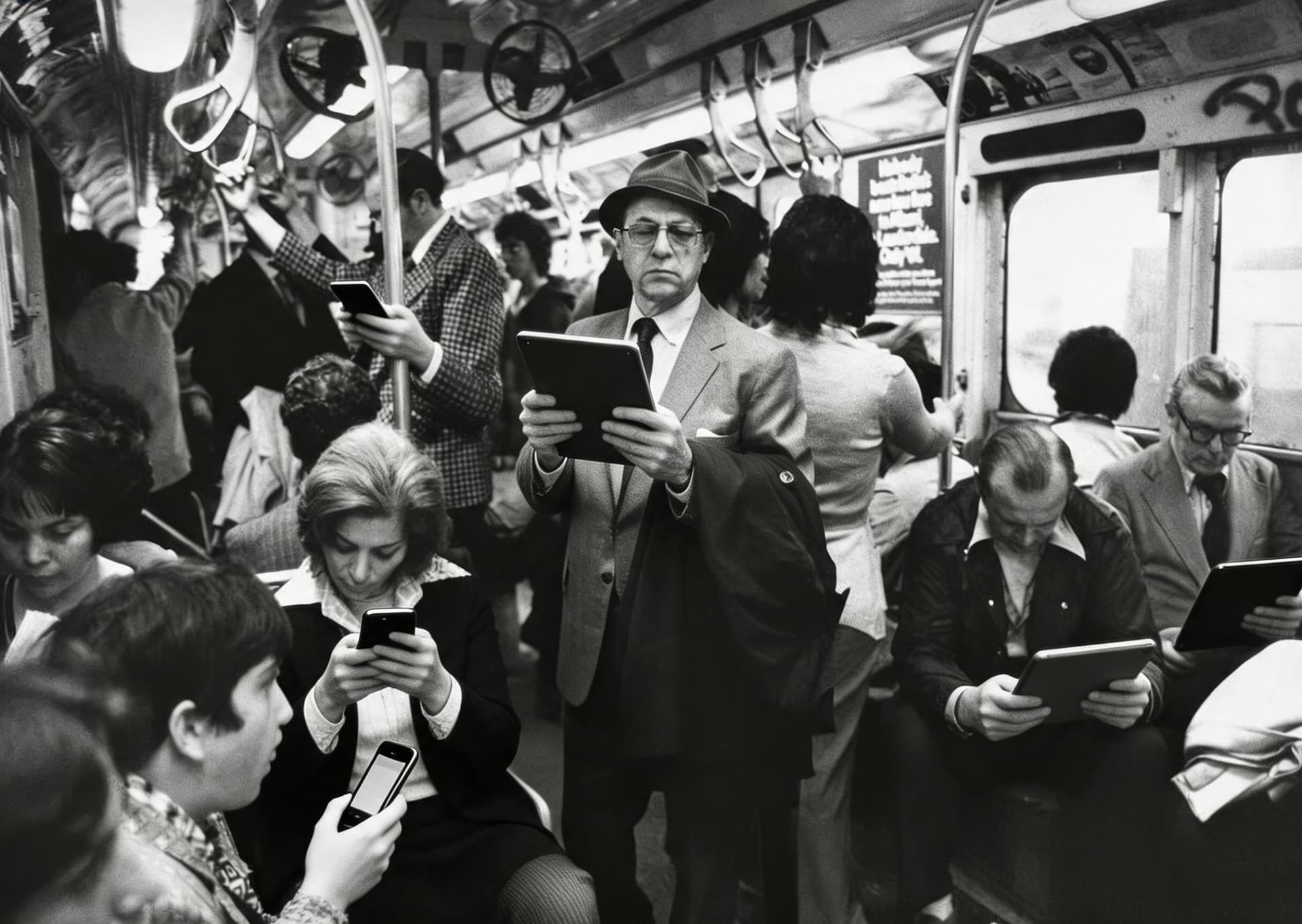 AI generated: Make modern version of this with modern phones and tablets for the people to read on