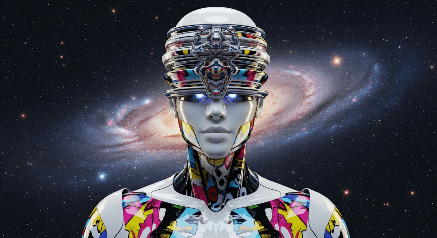 AI generated:  An  surrealistic android with  a stacked multi dimension layered futurist  strange helmet and resem...