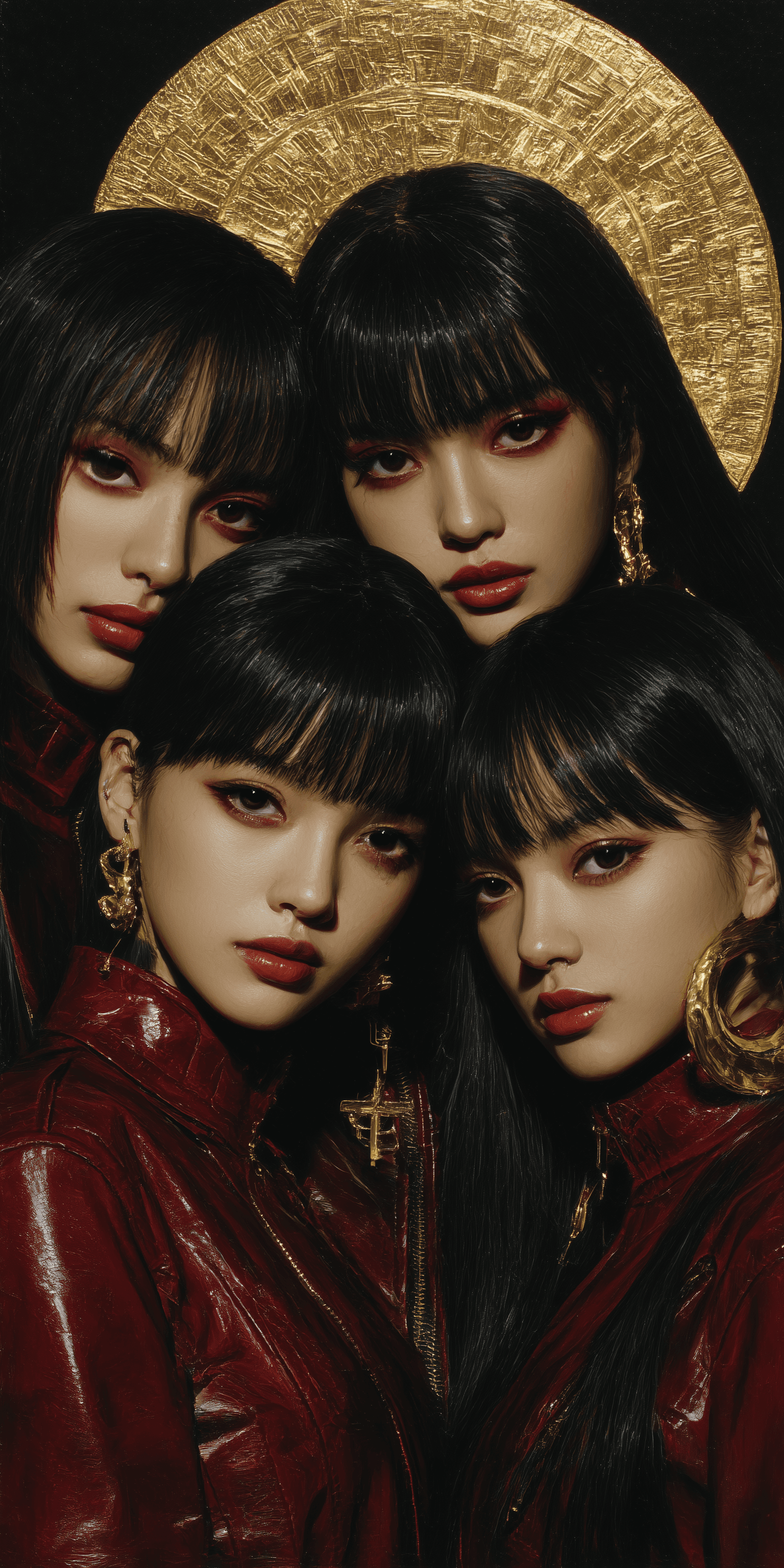 AI generated: 4 beautiful Asian girls with black hair and bangs, red eye shadow, glossy skin, wearing red leather ...