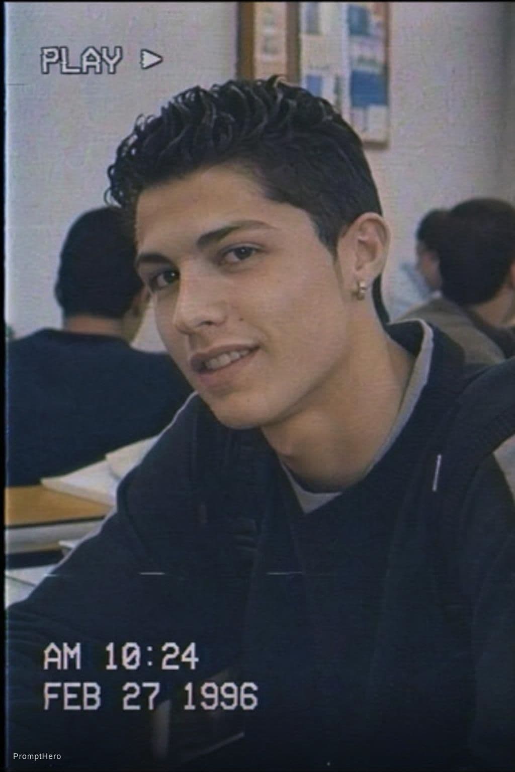 AI generated: Image of Cristiano Ronaldo from a VHS camcorder recorder in a highschool in Feb of 1996. Same grain ...