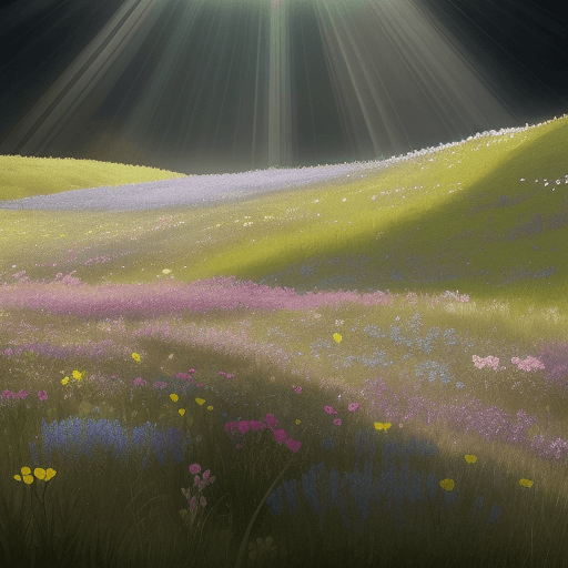 AI generated: beautiful flowers in the meadow with glass flowers, slightly muted color, rays falling on the flower...