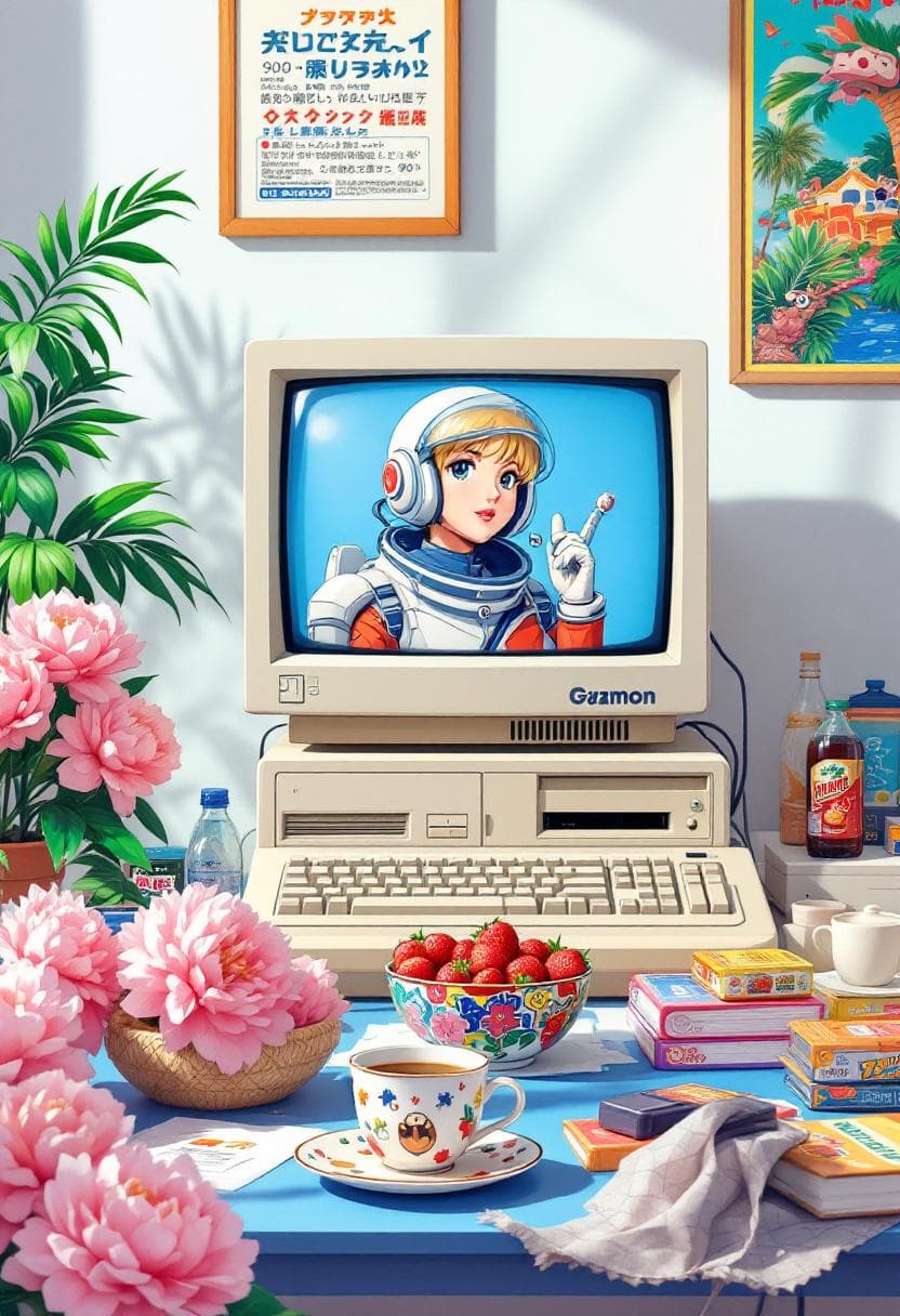 AI generated: A highly detailed, nostalgic digital painting in a hyper-realistic anime-inspired style, emulating t...