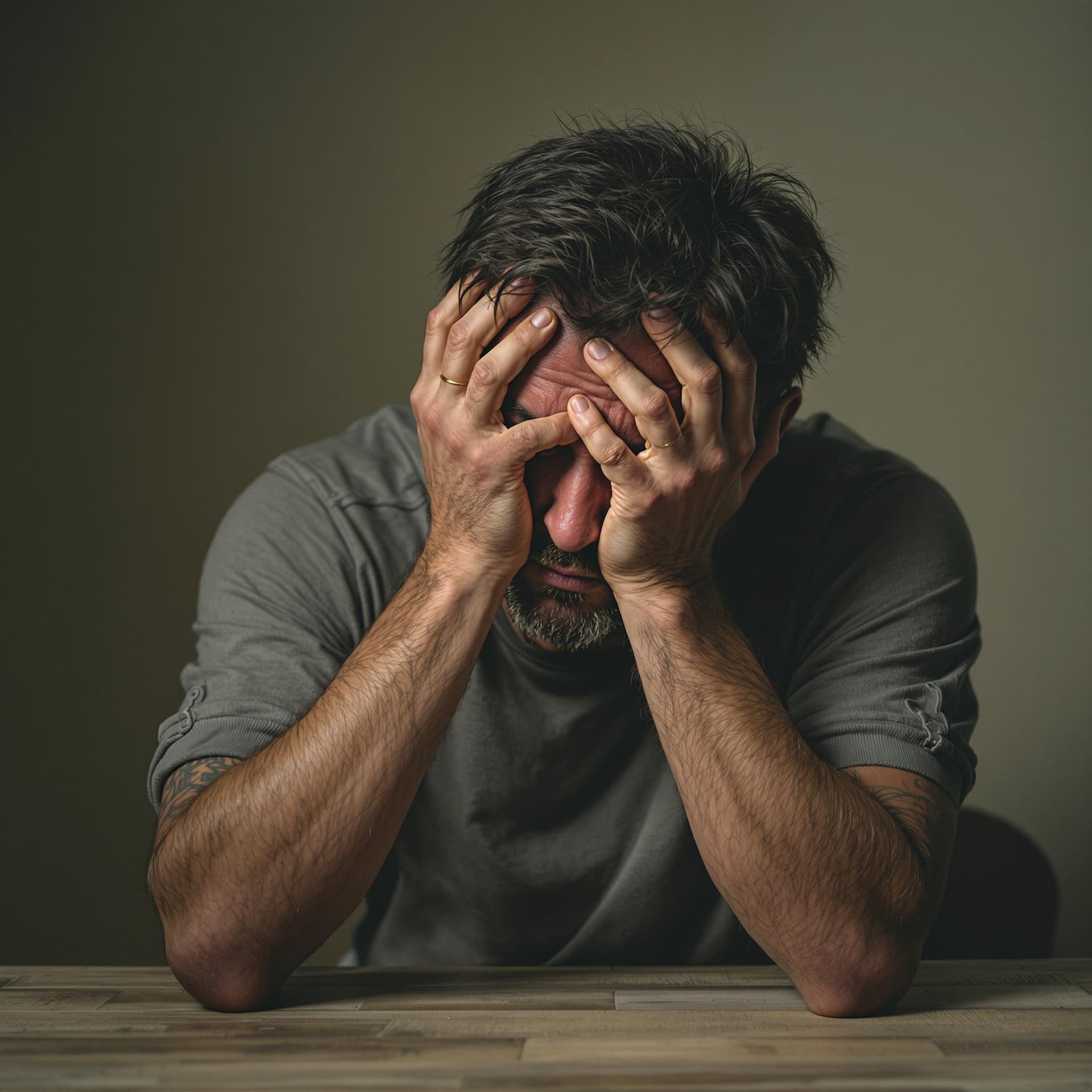 AI generated: man suffering in silence with depression. se the pain and suffering in his face