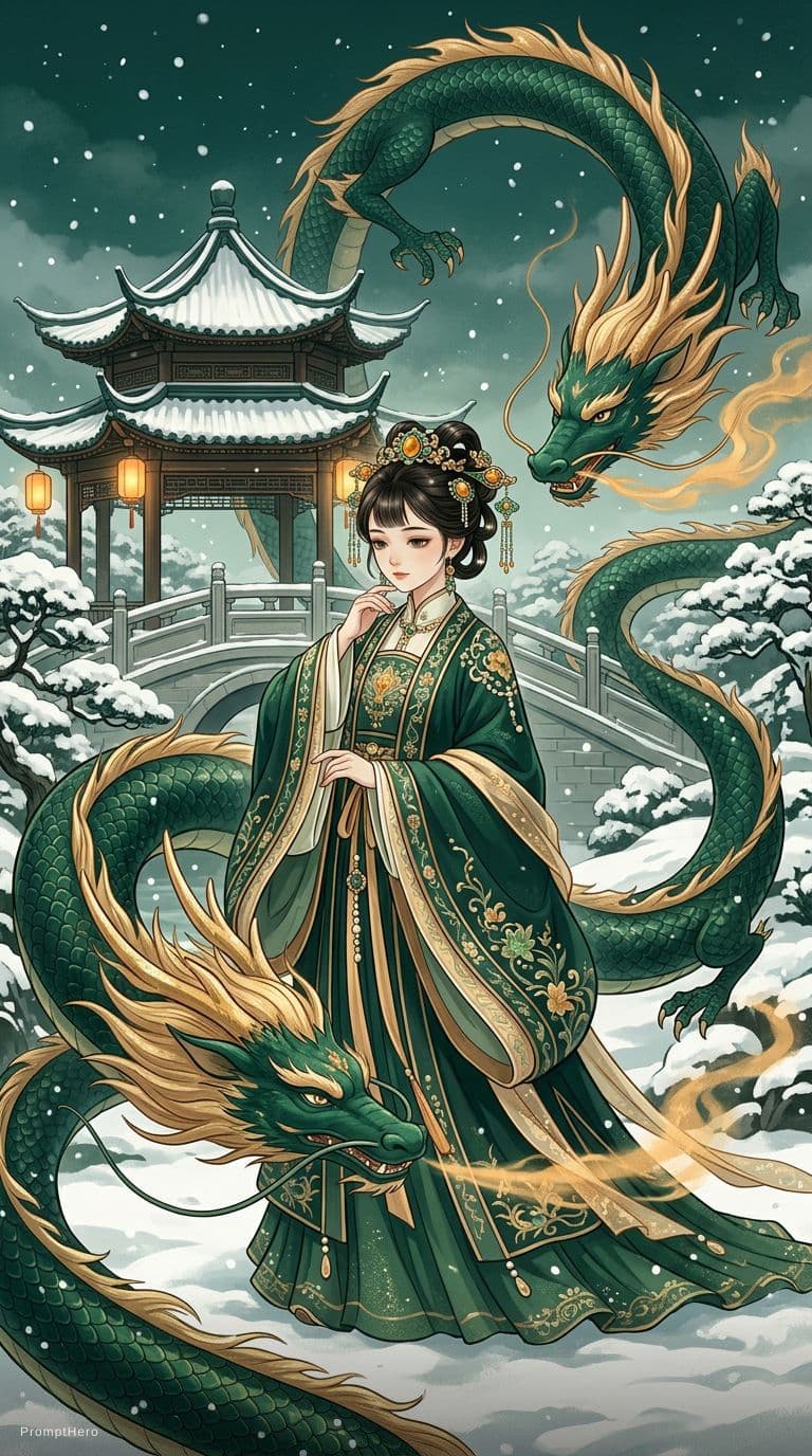 AI generated: chinese girl with dragons, in the style of anime aesthetic, dark emerald and light amber, snow scene...